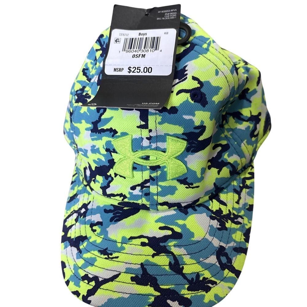 Under Armour Blue Green Neon Microfiber Stretch Baseball Cap Hat Youth One Size